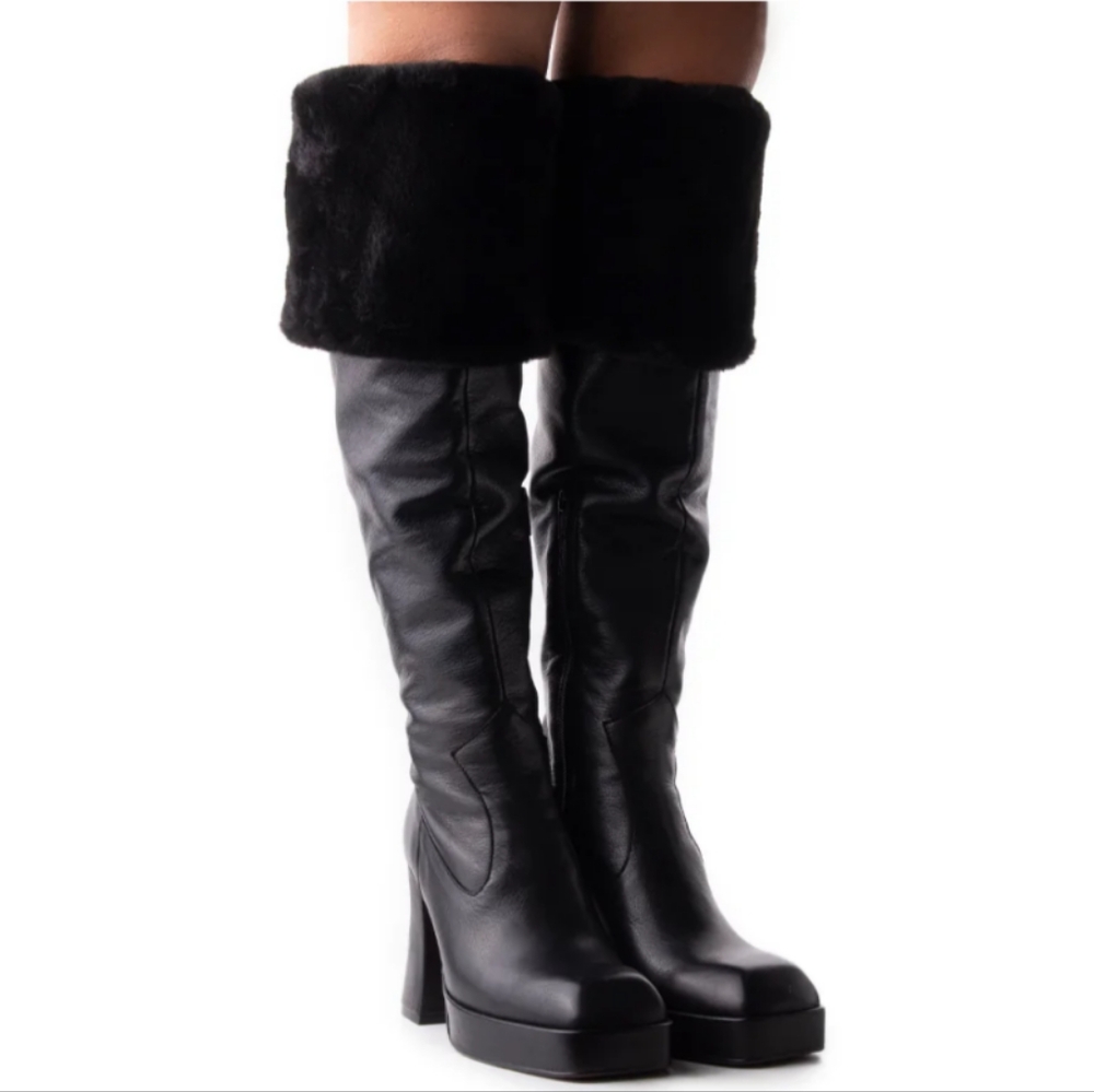 L'INTERVALLE Black Knee High Heeled Boots with Fur Trim - EU 41 / US 9.5